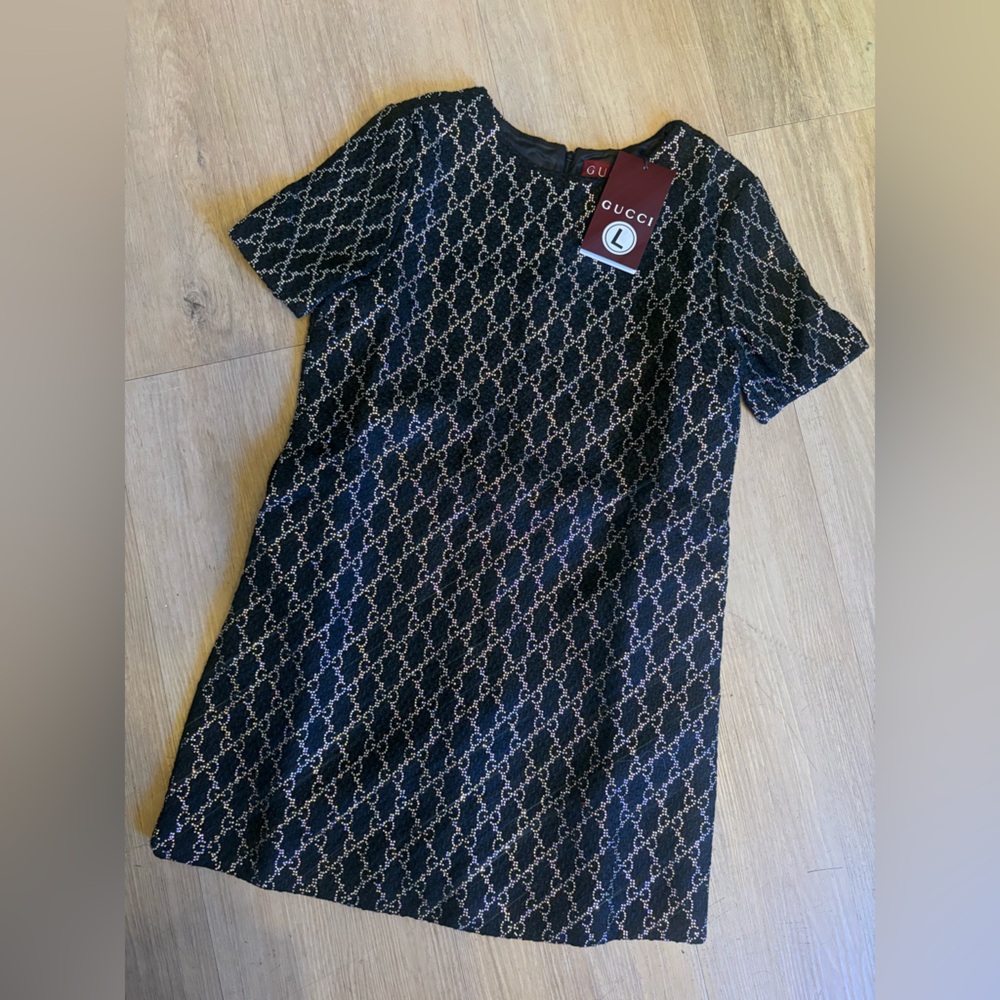 Black Monogram Short Sleeve Shift Dress bling
